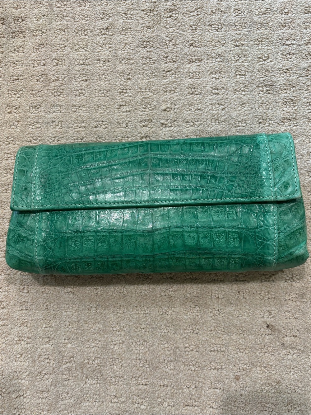 Emerald Croc-Embossed Leather Fold-Over Clutch
